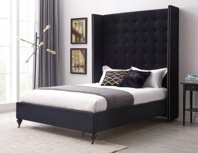 Melva Buttoned Black Velvet Fabric Bed