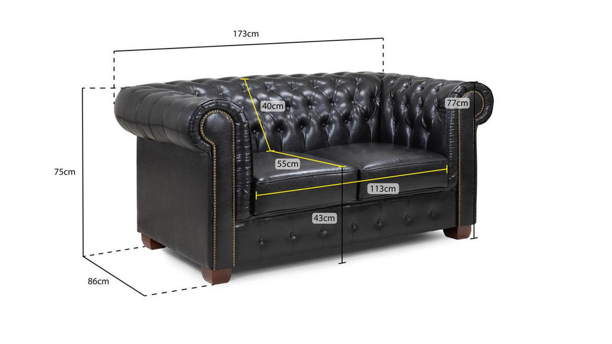 Chesterfield Leather 2 Seater - Black - Couchek