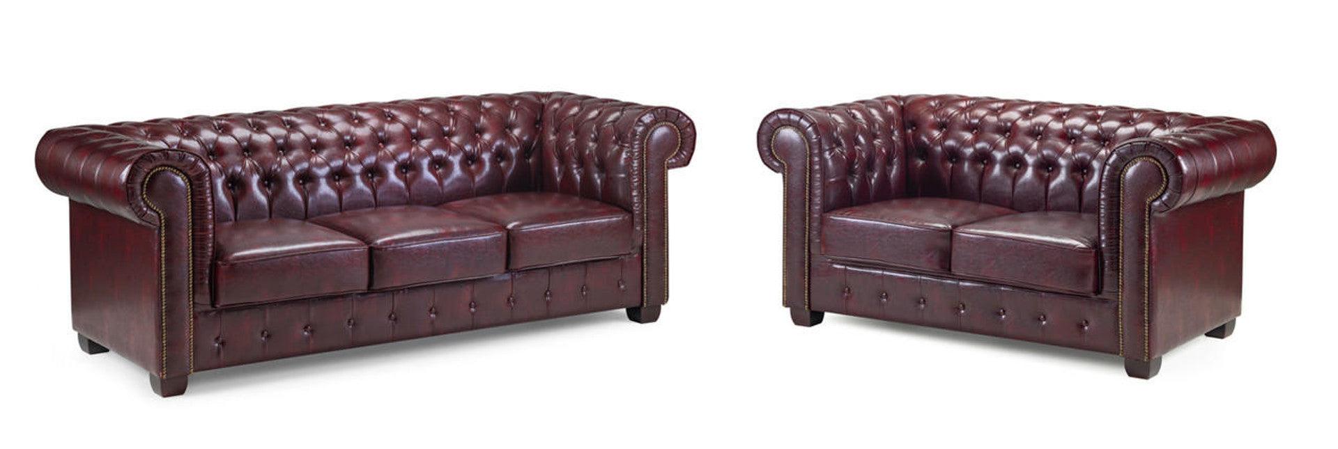 Chesterfield Leather Sofa Set - Oxblood - Couchek